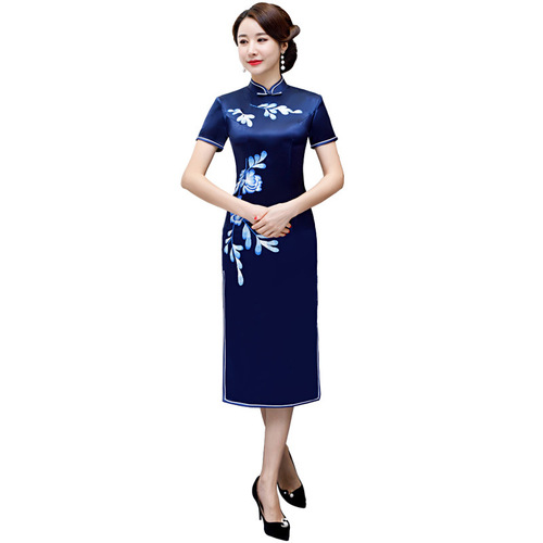 Traditional Chinese Dress Qipao Dresses for Women Tibetan blue embroidered cheongsam dress wedding party elegant atmosphere long cheongsam