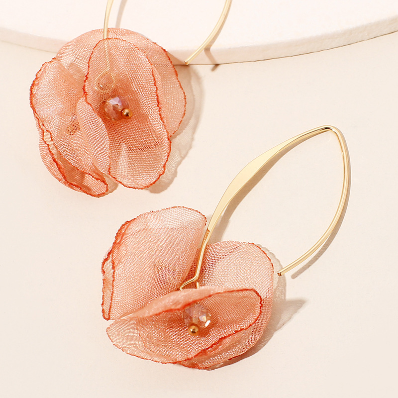4g Weight Earrings Classification Housewarming, Anniversary, Business, Wedding, Travel, Birthday, Festival Occasion Alloy Material Flower Pattern Women'S Gender Sweet Style Rose Red, White, Beige, Pink, Red, Green, Blue, Yellow, Black Color Korean Summer New Lace Mesh Flower Earrings Color Petal Earrings Wholesale Nihaojewelry 19