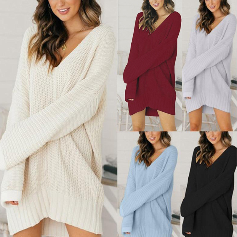 2021 European and American sweater wish Amazon ladies loose v-neck mid-length dress sweater cross-border women's clothing