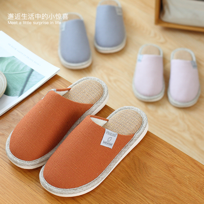 秋冬季棉麻拖鞋亚麻女家居室内防滑厚底情侣拖鞋家用抗菌防臭静音