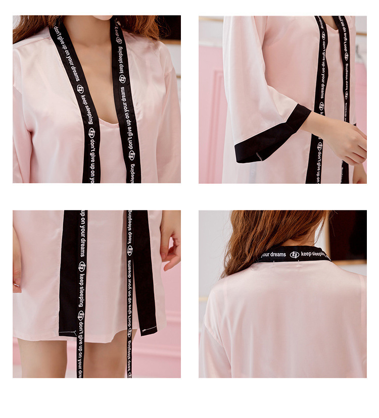 帮手描述图:睡衣女春秋七件套装性感条纹冰丝绸家居服宽松韩版薄