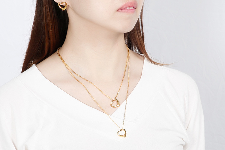simple hollow heart-shaped double-layer necklace earrings stainless steel set wholesale nihaojewelry