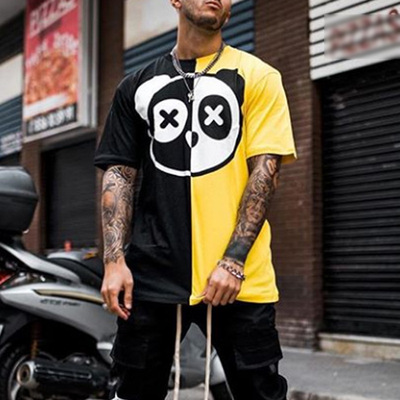 2020秋季新款加肥加大码时尚休闲套头短袖T恤男国潮拼色圆领衣服|ru