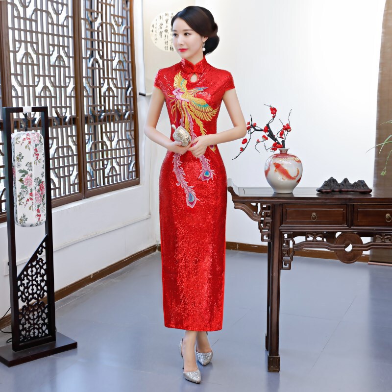 Red Sequined phoenix Chinese dresses qipao for women Cheongsam female stage performance catwalk singers host show cheongsam wedding party embroidered sequined dresses