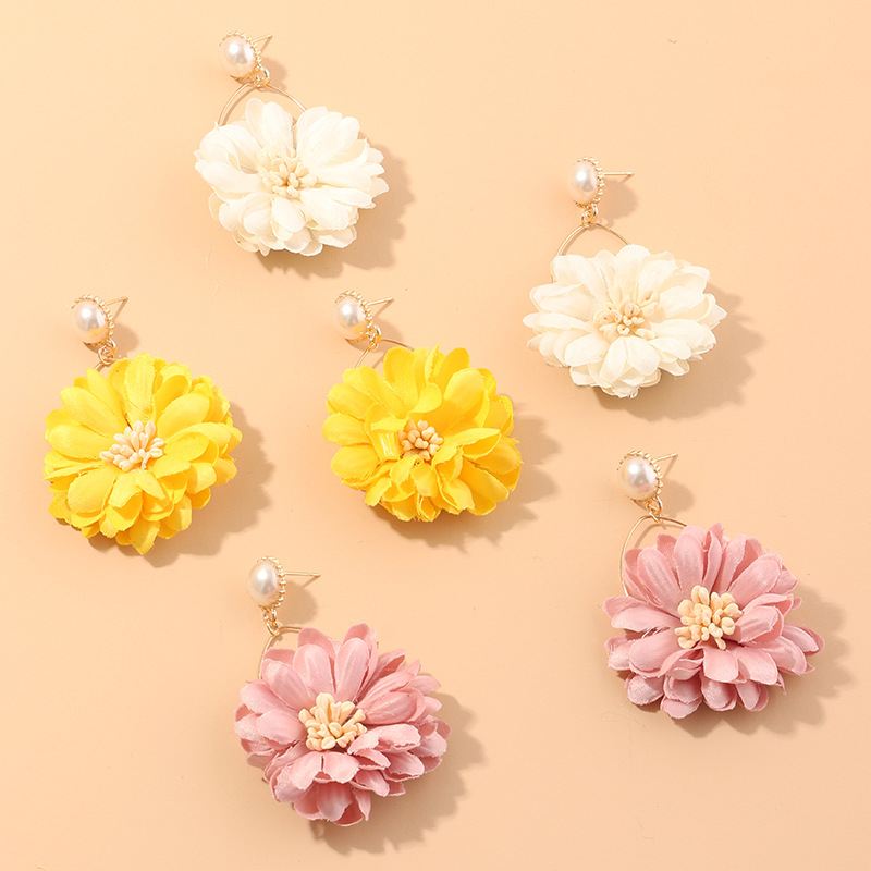 New fashion fabric flower earrings wild chrysanthemum earrings pearl