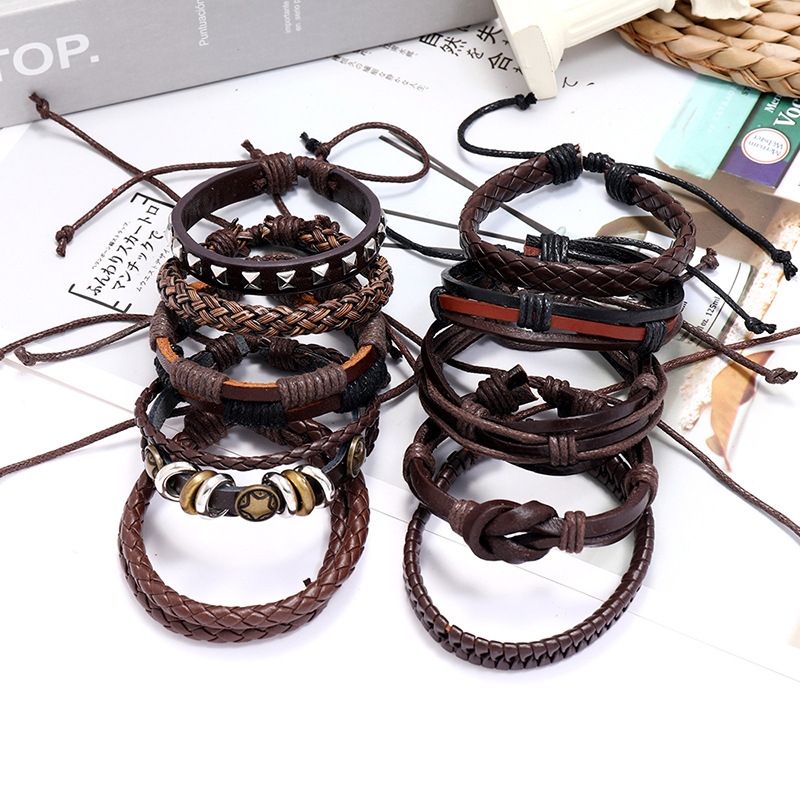 hot-selling fashion menu0027s cowhide retro multi-layer woven suit bracelet
