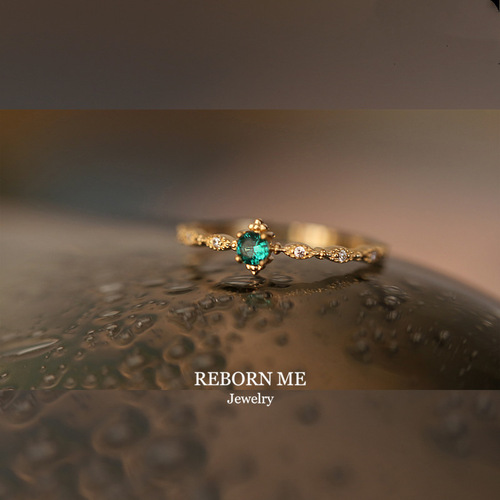 S925 sterling silver plated 14K gold inlaid emerald ring fashionable light luxury design style simple and beautiful ring for women