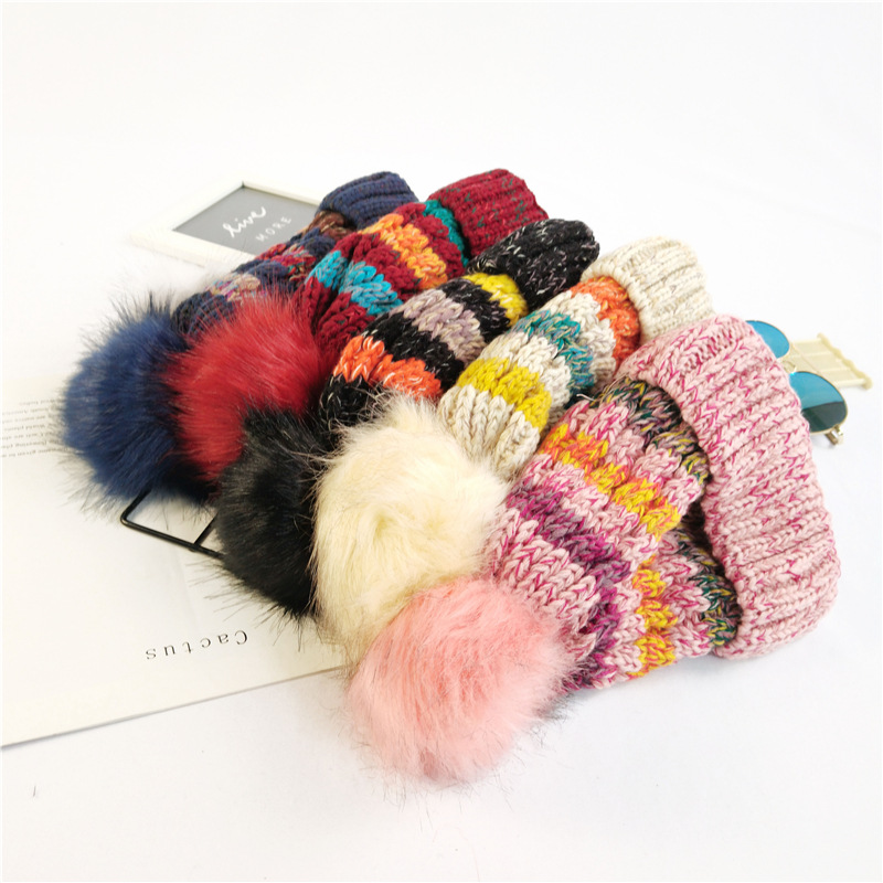 Cute Hairy Thickened Color Matching Knitted Hat display picture 2