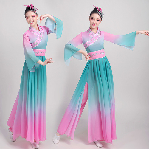 Blue with pink Chinese Classical  folk dance performance dress adult female elegant Jasmine Flower Blossom folk dance Yangko fan performance costumes