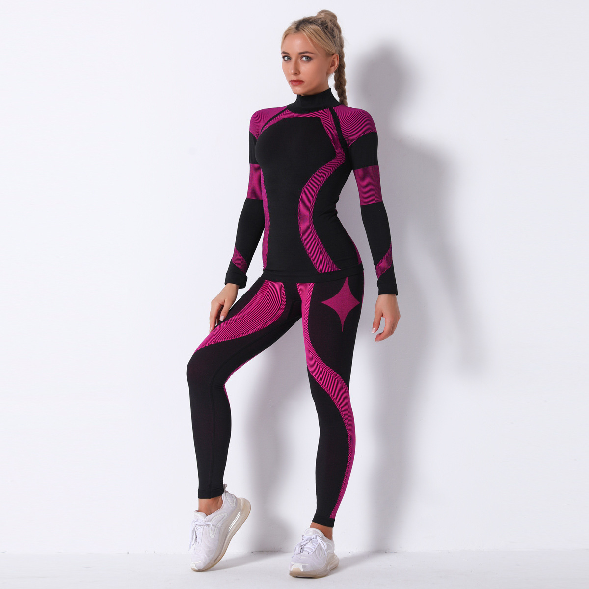 Seamless Knitted Striped Long Sleeve Sweat Absorbing Yoga Set NSNS11058