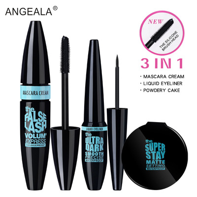 ANGEALA waterproof Anti-sweat Mascara Eyeliner Powder 3 sets Lasting natural Not blooming Foreign trade Cosmetics