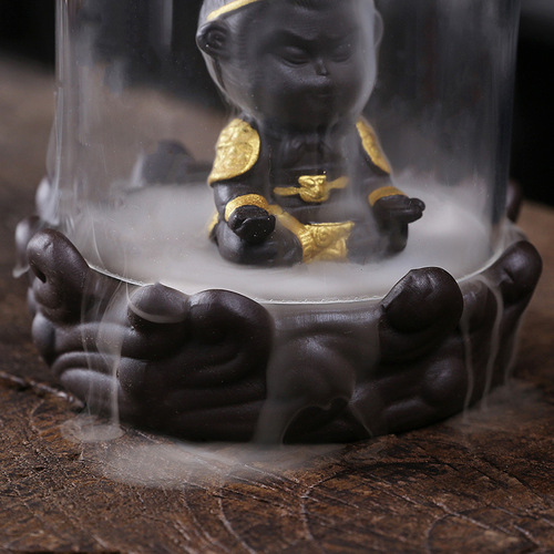 Cross-border purple sand Qitian Monkey King incense backflow incense burner creative windproof cover lotus Sun Wukong backflow incense burner ornaments