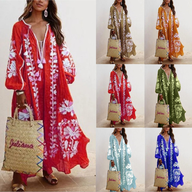 V-neck long-sleeved loose-fitting printed dress NSYD3786
