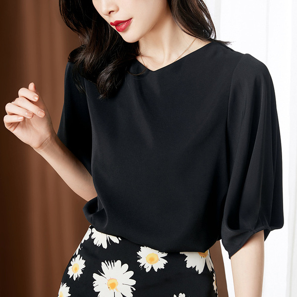 Summer Black V neck Korean Short Sleeve fashion temperament Bubble Sleeve Chiffon shirt female