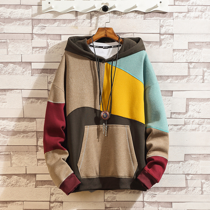 Spot Sweatshirt Men's Spring and Autumn Men's Hooded Top Teenagers Contrast Color Stitching Loose Fashion Hong Kong Style Jacket