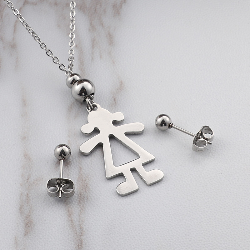 Fashion Stainless Steel Creative Little Girl Necklace Earrings Set Wholesale display picture 1