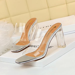 Fashion transparent hollowed out straight line with thick heel high heel square toe open toe summer slippers for women