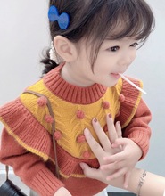 ins外贸童装小香风儿童毛衣可爱韩版飞袖娃娃领英伦风毛衣D60