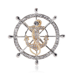 Elegant European and American Creative Navy Style Diamond Ship Rudder Anchor Pin for Men, Exquisite Suit Collar Pin, Fashion Apparel Decorative Pin