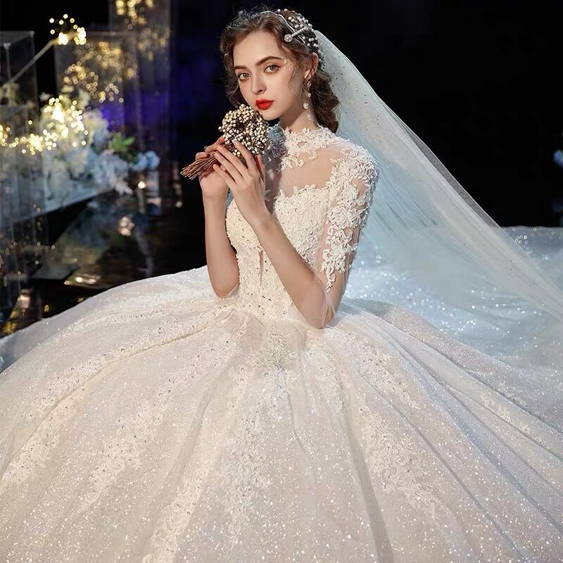 Main wedding 2020 new pattern Sen family Dream Star Tailing temperament bride Long sleeve Retro Stand collar Large
