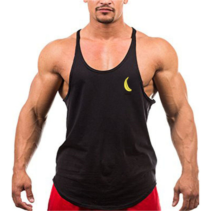 Nuevos hombres sexy de corte bajo correa de hombro delgada fruta impresa Chaleco de algodón plátano fitness chaleco deportivo de verano