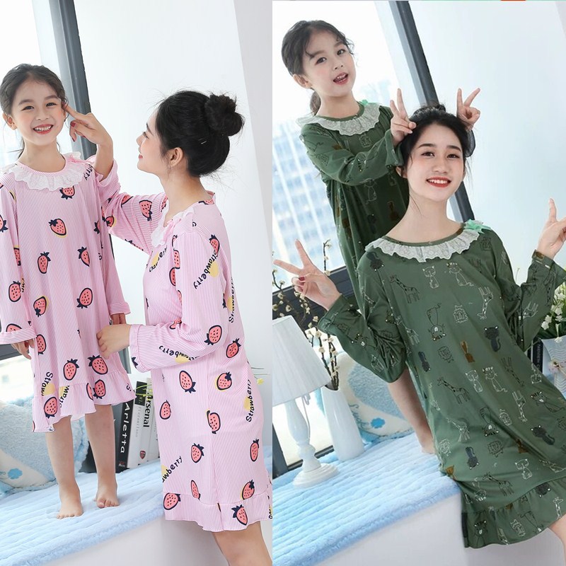 Children's Nightgown Spring and Autumn Long Sleeve Parent-Child Lace Princess Big Children's Little Girl's Home Clothes Pajamas Skirt Mother and Daughter