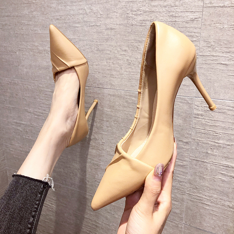 高跟鞋女2021秋季新款簡約時尚舒適PU面料尖頭細跟淺口工作單鞋女