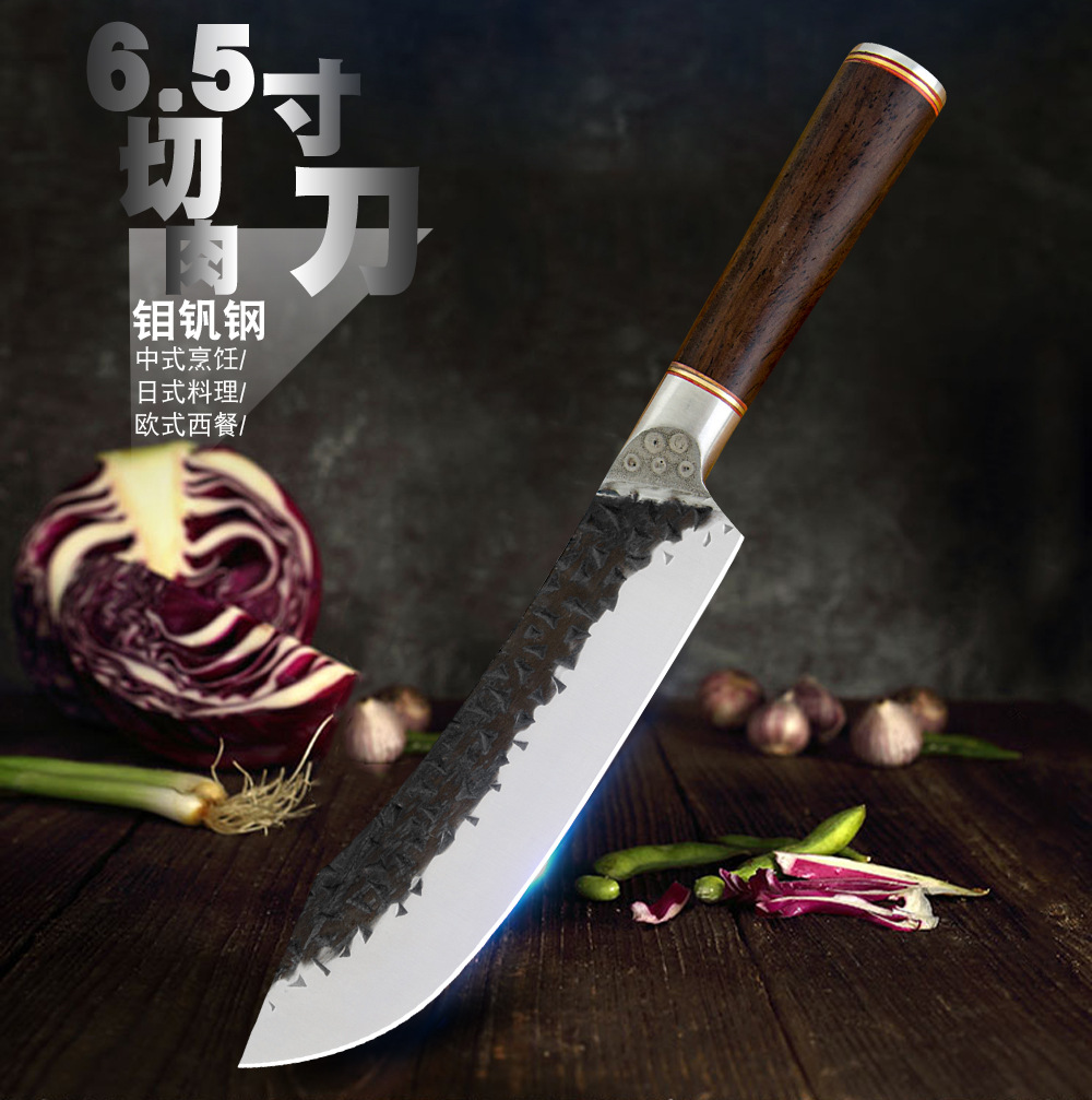 屠宰刀黑檀木手柄5Cr不鏽鋼錘紋尖頭小菜刀小廚刀小切肉刀殺豬刀