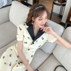 2020夏季韩版新款女装百搭印花裙子气质翻领高腰修身显瘦连衣裙女