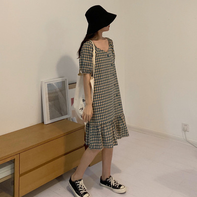 5193630 [Real shot]new pattern Large mm lattice Loose waist Dress 200 Jin