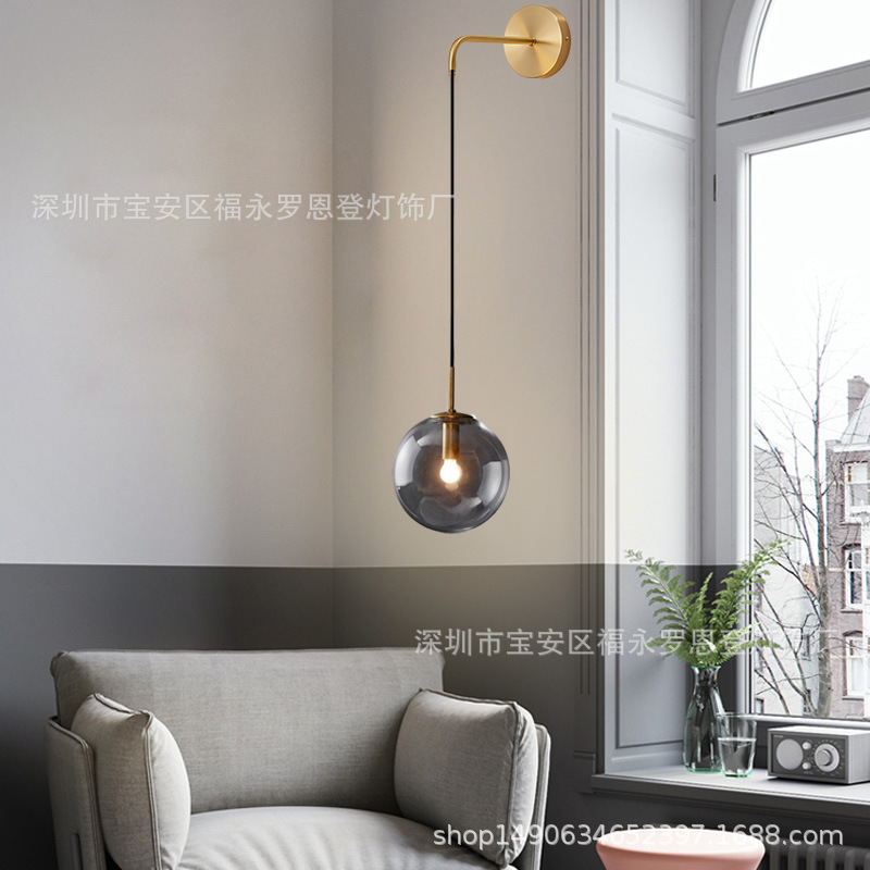 北欧轻奢金色玻璃圆球形壁灯简约后现代客厅背景墙卧室床头镜前灯-阿里巴巴
