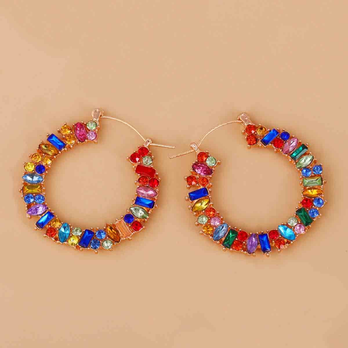 Boucles D&#39;oreilles Fantaisie Rondes Colorées Et Ornées De Diamants display picture 7