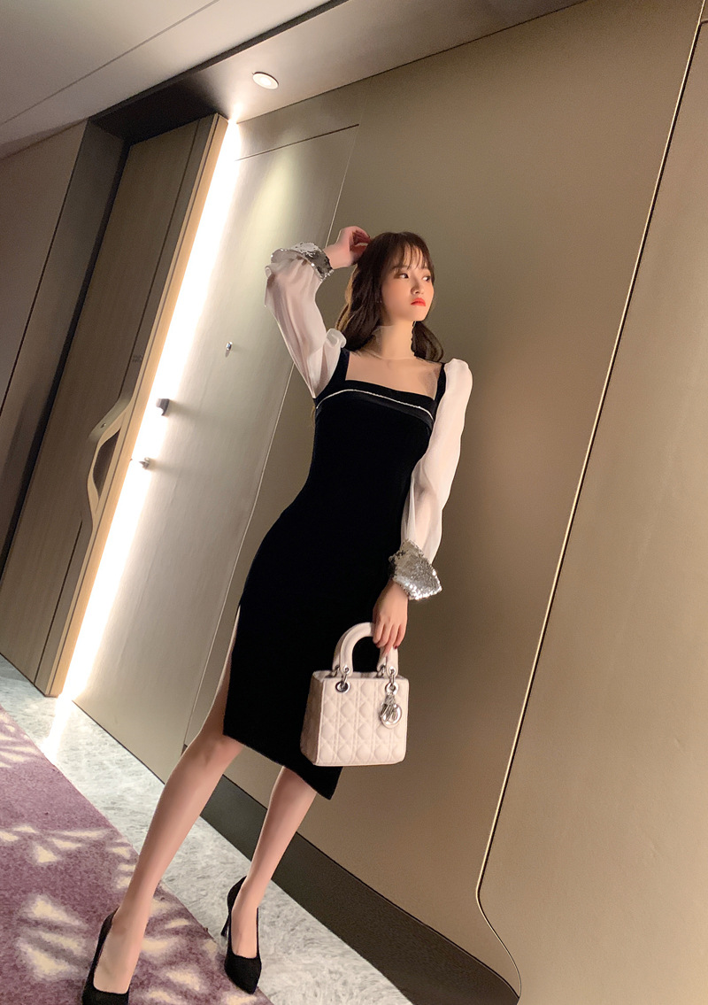 Váy nhung nữ cổ vuông ôm body xẻ tà phong cách Hepburn — Màu đen chi tiết 13