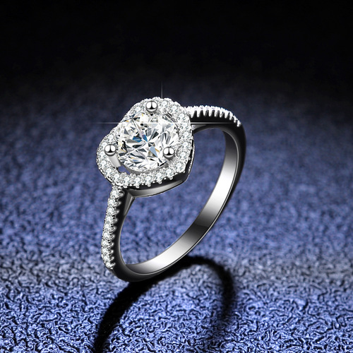 Diamond Ring Heart Shape Hollow 925 Silver Ring for Women, Live Streaming Cooperation, 1 Carat Ring