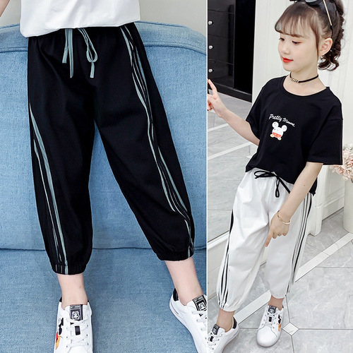 Girls anti-mosquito pants 2024 new summer cropped pants, stylish girls and children's pants, fashionable middle and large children's casual pants