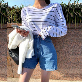 韩国女装夏季女装 学院风女生甜酷少女韩版复古高腰牛仔直筒短裤