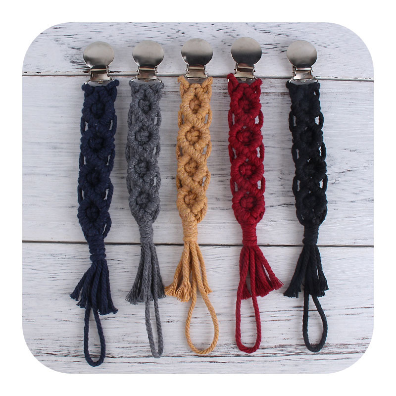 Bebé suministros popular plana pezón clip pezón cuerda DIY bebé creativo hecho a mano tejido de algodón cuerda pezón cadena