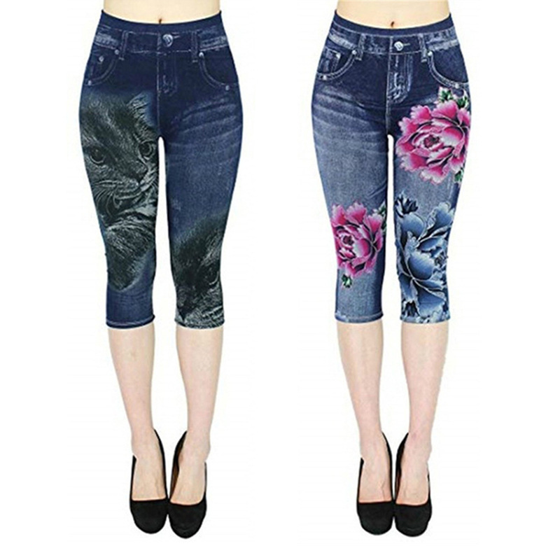 Wish cross-border popular imitation denim leggings women's cropped pants summer hot sale printed high waist women's pants