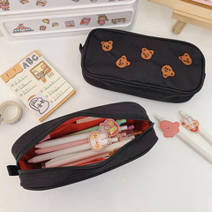 Korean Instagram-style cute bear embroidery pen bag stationery storage bag large capacity pen bag portable makeup bag