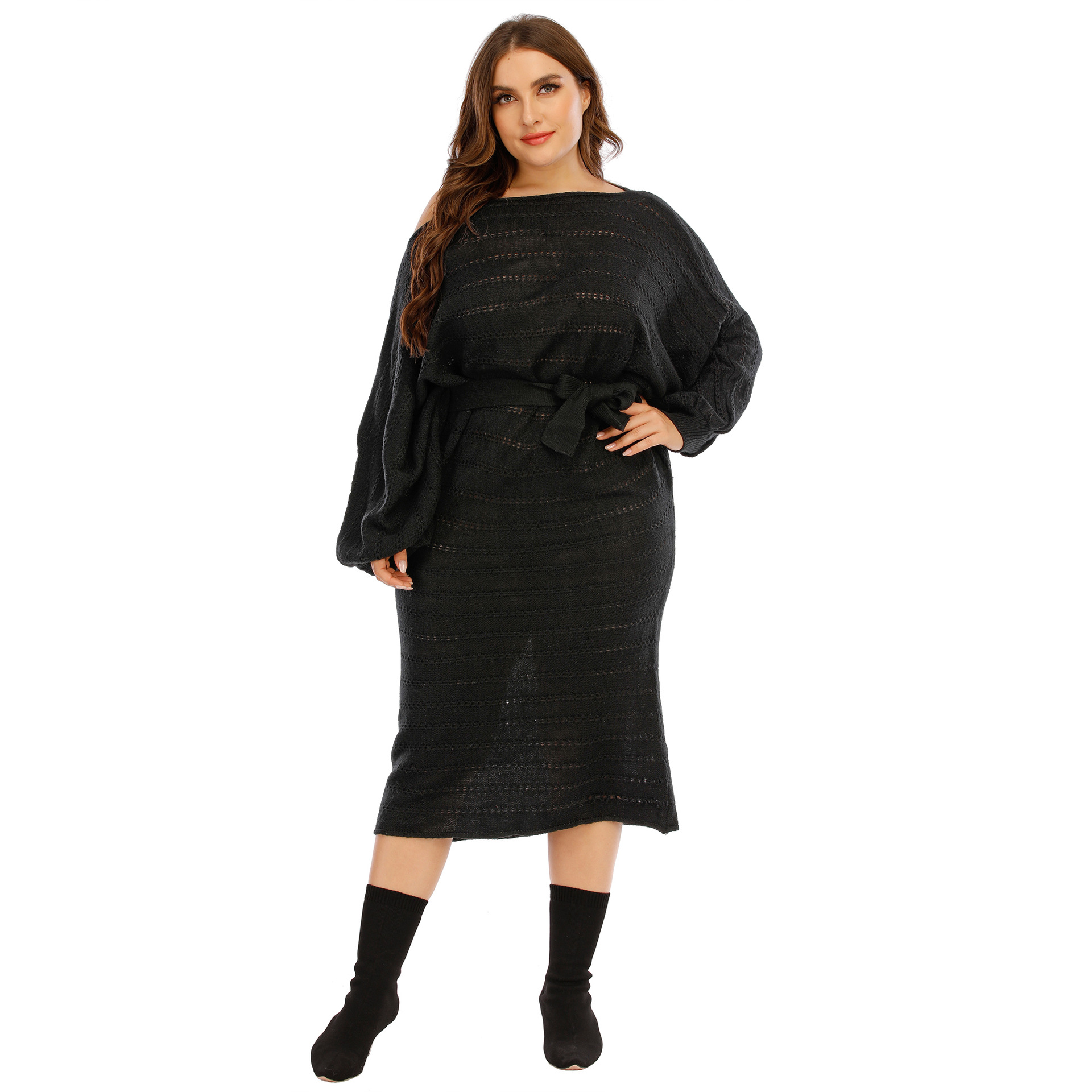 Plus size hollow knit lantern sleeves mid-length dress  NSOY26820