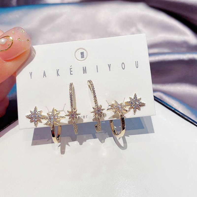 Fashion Eight-pointed Star Korean 925 Silver Needle Zircon Micro-inlaid Long Earrings Ear Bone Clip Set display picture 6