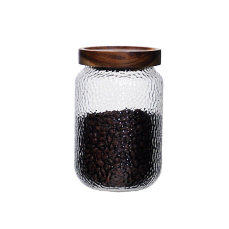 Fábrica al por mayor de madera de acacia tarro de almacenamiento transparente martillado de vidrio sellado tarro de té de vidrio tarro sellado de té