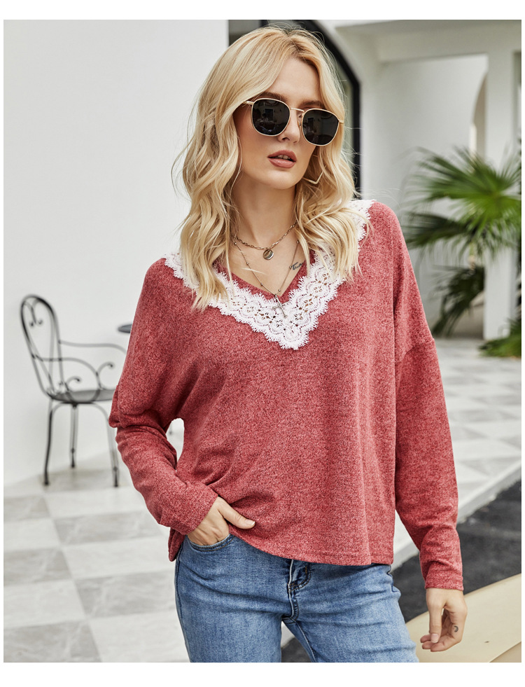 hot women s lace long-sleeved loose T-shirt V-neck pullover sweater NSYH7109