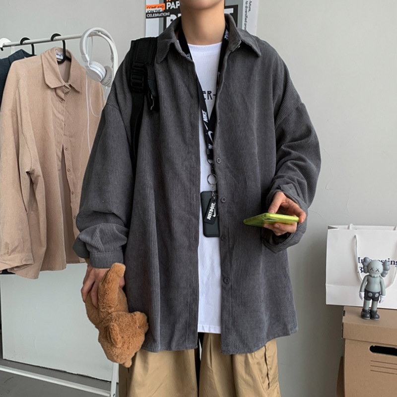 Chaqueta de pana de manga larga de los hombres de moda de color sólido primavera y otoño Camisa de estilo de Hong Kong Estilo coreano Ruan camisa guapo Top suelto Retro