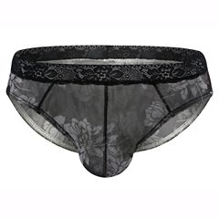 Universal men's underwear briefs sexy transparent mesh breathable printed lace triangle U convex lace edge