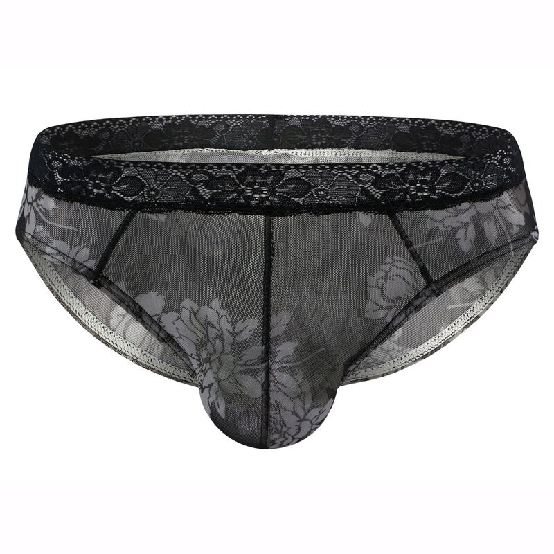Universal men's underwear briefs sexy transparent mesh breathable printing lace triangle U convex lace trim