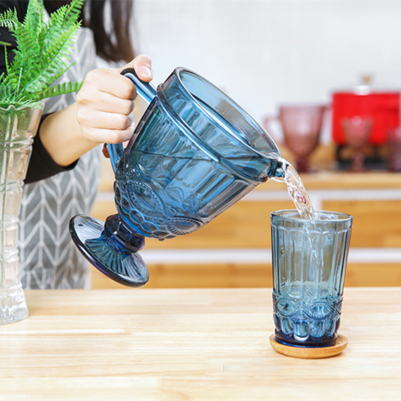 欧式加厚凉水壶彩色家用玻璃果汁壶杯套装浮雕花纹玻璃杯大酒杯