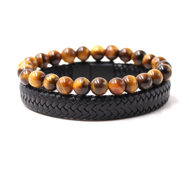 Black Leather Bracelet With Magnetic Clasp And Tiger Eye Beads_voghion.com