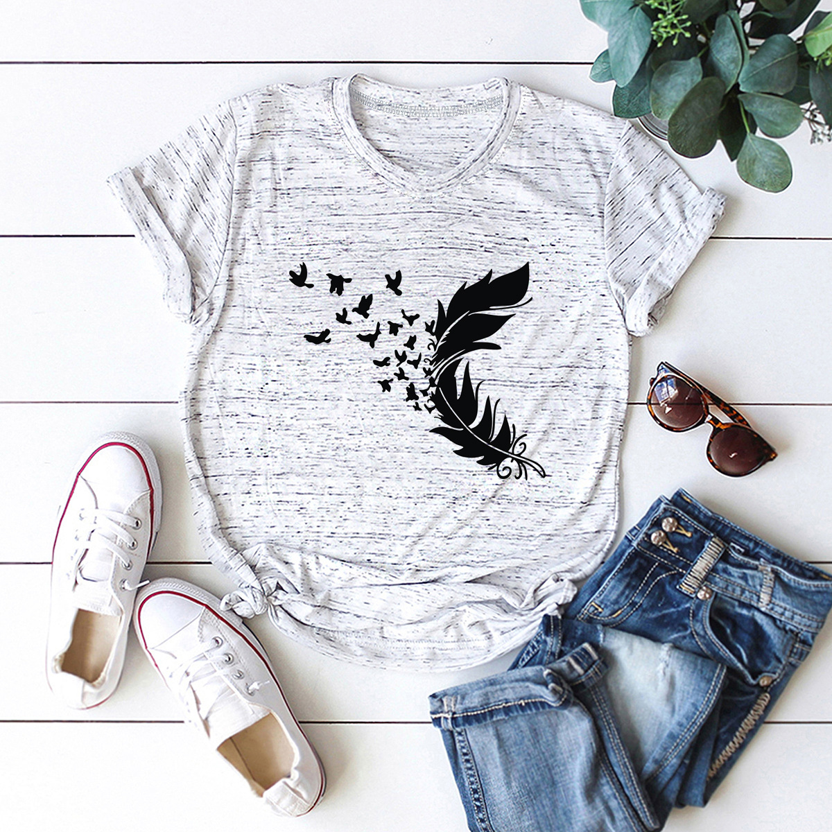   feather bird printed cotton short-sleeved t-shirt women NSSN2680