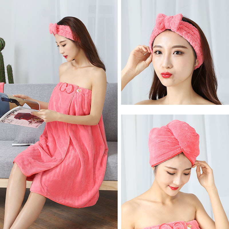 珊瑚绒浴巾套装抹胸浴裙蝴蝶结加厚柔软吸水毛巾干发帽女成人可穿|ru